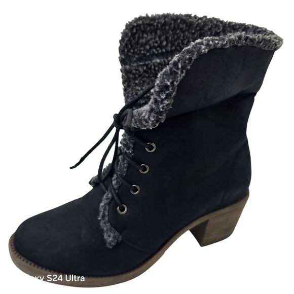 Bucco Damari Lace Up Black Bootie Faux Fur Suede Fold Over Block Heel Womens 5.5 - Picture 1 of 10